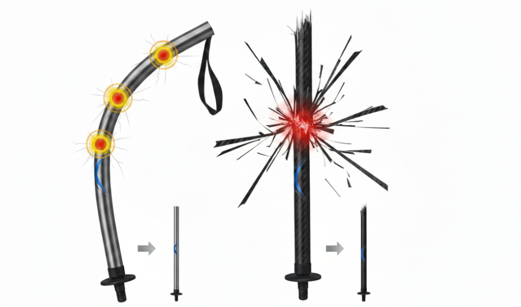 Diagram showing the stress-point differences and failure modes of bent aluminum vs. snapped carbon fiber shafts.