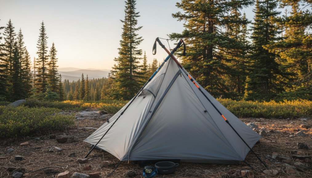 Photo of an ultralight pyramid tent pitched using two crossed trekking poles for structural support.