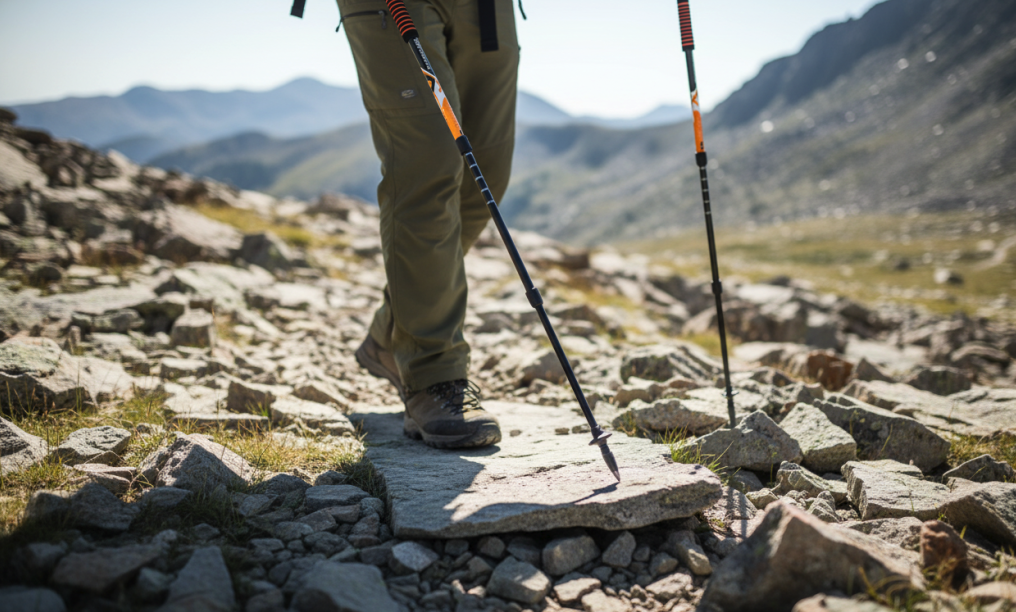Close-up of a hiker traversing a rocky trail, showing the active loading of a trekking pole as they step down.
